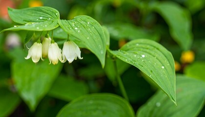 Obraz premium Close-up of delicate white flowers with water droplets on foliage