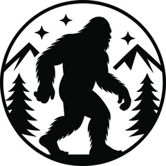 Fototapeta premium Bigfoot Silhouette in Mountain Landscape with Stars A Cryptid Creature Design for Wilderness Exploration and Outdoor Adventure