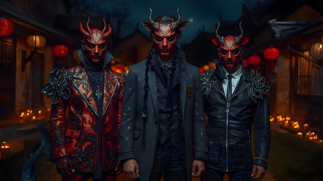 Menacing demon characters in red horned costumes stand on dark village street during Halloween night celebration, exuding intense powerful aura