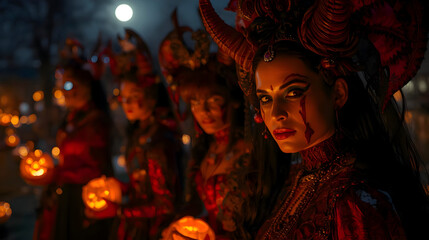 Naklejka premium Demon woman costume displays an intense expression during halloween night celebration. Her horns and red makeup create dramatic horror fantasy