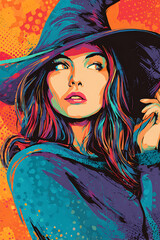 Naklejka premium Colorful portrait of a woman in a witch hat with vibrant background patterns