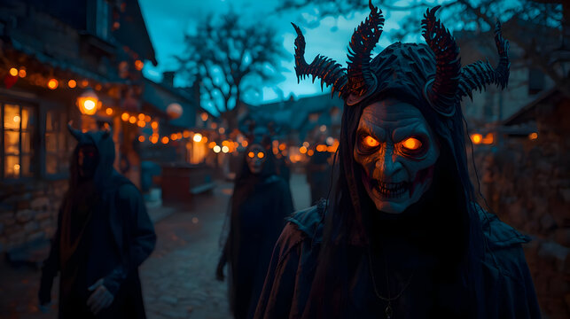 Rural village Halloween night becomes an eerie celebration. People dark demon costumes with glowing eyes and horns create mysterious - Powered by Adobe