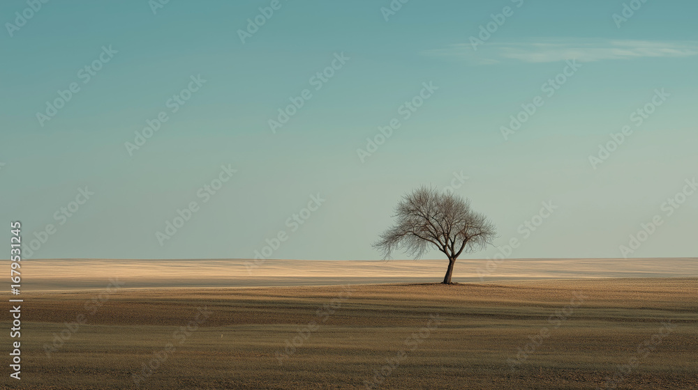 Poster minimalist tree shot, lone tree in wide empty field.
