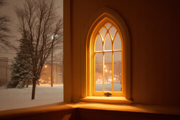 Fototapeta premium through ornate church window ultrabright golden light spills out illuminating stillness of snowy evening