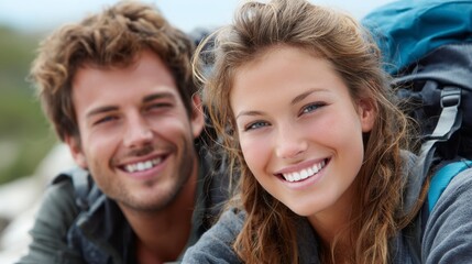 Fototapeta premium Happy young couple enjoying outdoor adventure in scenic landscape with backpacks and smiles