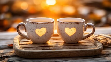 Obraz premium Romantic Double Coffee Cups with Heart Design at Sunset