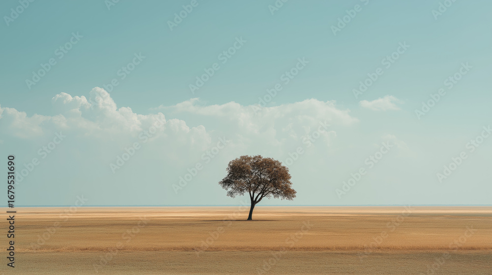 Poster minimalist tree shot, lone tree in wide empty field.