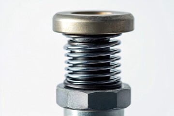 Detailing the pressure valve of a radiator cap, featuring a metal spring and cap against a clean white background