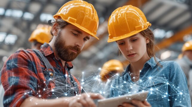 Construction workers collaborate on project planning inside a busy warehouse while utilizing a tablet for data analysis