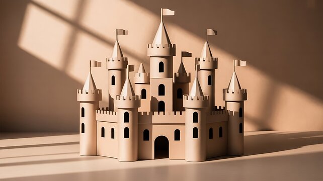Cardboard castle model with towers and crenellations made from paper rolls, perfect for sustainability campaigns, kids crafting guides, art workshops, paper supply brands, created with generative ai