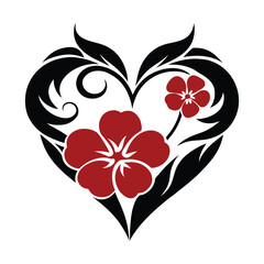 Heart Silhouette with Hibiscus Flowers and Tribal Leaves Vector