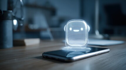 AI chatbot hologram above smartphone, clean desk, cool lighting, subtle grain, futuristic yet friendly 