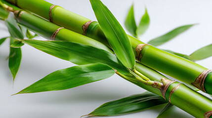 Obraz premium Close up of fresh green bamboo stalks and leaves on a white background surface