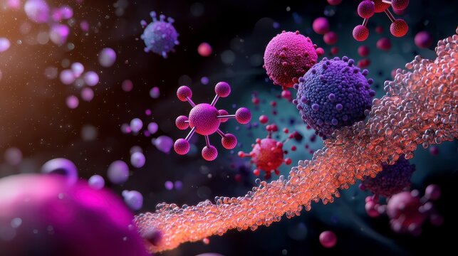 A colorful, abstract representation of viruses and molecular structures, showcasing intricate details of cellular organisms in a vibrant, digital art style.
