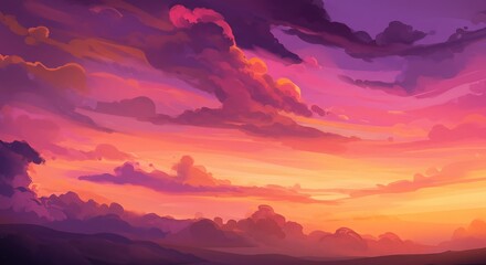 Vibrant Sunset Sky Painting with Colorful Clouds and Horizon.