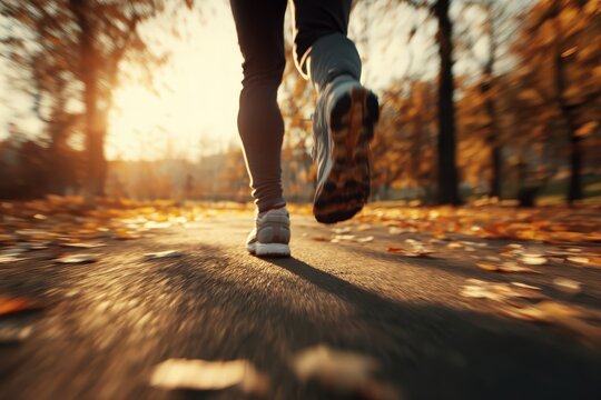 Autumn fitness outdoor run, motion blur, golden hour, city park, dynamic, health-focused lifestyle 