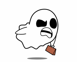 White ghost with face expressions. Spooky cartoon illustration for halloween night. Cartoon character in different emotions and activities. Simple flat character design for mascot, sticker, icon