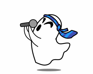 White ghost with face expressions. Spooky cartoon illustration for halloween night. Cartoon character in different emotions and activities. Simple flat character design for mascot, sticker, icon