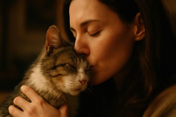 Young woman expressing love and affection for her cat through gentle embraces and tender kisses, creating a warm bond of friendship