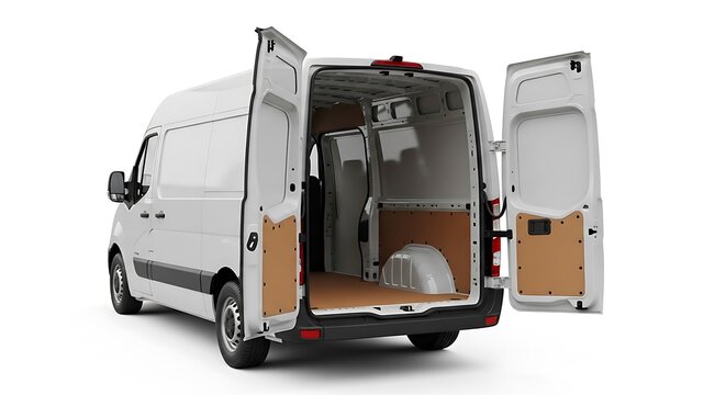 Open rear doors and side doors of a modern white cargo van interior view showcasing empty cargo space ready for transport and delivery services isolated on white background for commercial use