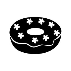 Stylized black donut with white flower decorations, on a white background