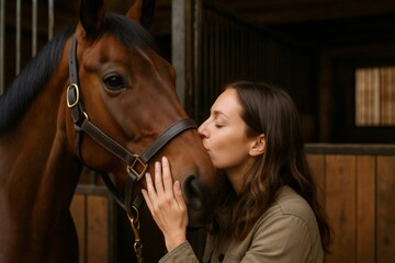 Young woman veterinarian kissing her horse patient, expressing deep love and care in a warm, inviting stable environment