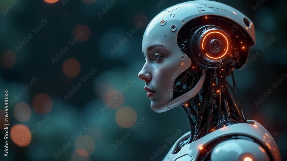 Aufkleber a detailed view of a person with a robotic head, suitable for use in sci-fi or futuristic themed pro