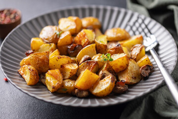 Baked potatoes with mushrooms in a plate on the table.