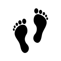 Simple footprints, bare feet, walking on air, black silhouettes on white background