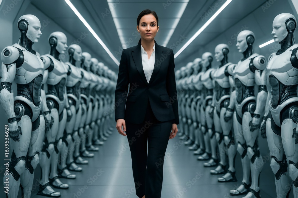 Poster businesswoman is walking in a corridor with robots standing still in line on each side, showing the 