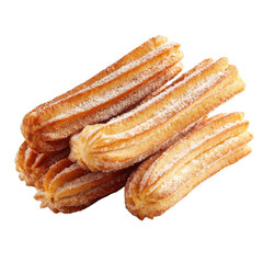 plate of golden-brown churros dusted with sugar, isolated on transparent background