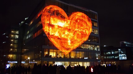 Vibrant Heart Projection on Building Illuminates Urban Night Scene