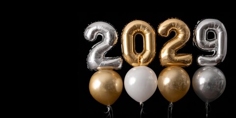 happy new year, new year's eve party celebration holiday greeting card - calendar year 2029 text balloon surrounded by silver, white and golden balloons, isolated on black background