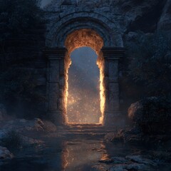 Fototapeta premium Magical portal opening in ancient stone archway 