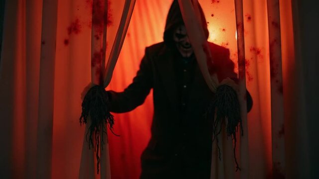 Halloween Monster Behind A Stained Curtain With Bloody Handles