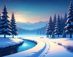 Snowy winter landscape with a winding river