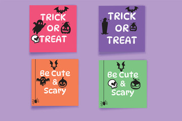 Four Halloween themed square graphics with text and icons
