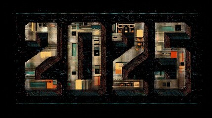 Retro-tech design with pixelated typography spelling "2025" on a dark background with subtle grid lines. 