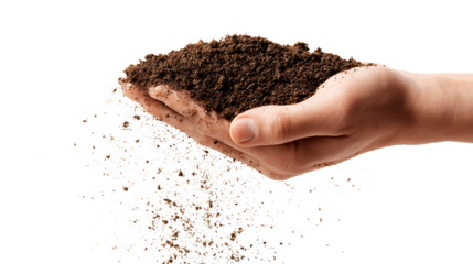 Hand holding soil isolated on transparent background