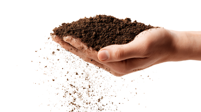 Hand holding soil isolated on transparent background