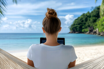 Young woman working on laptop while relaxing in hammock by the beach, surrounded by palm trees and ocean waves, embodying the digital nomad lifestyle with tranquility. digital nomad