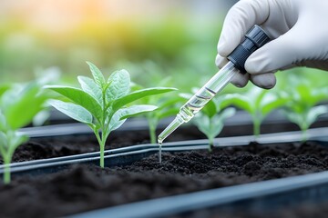 Hand in glove applying liquid fertilizer to young green plants in soil, showcasing sustainable agricultural practices for growth enhancement. soil analysis, sustainable development, fertilization,
