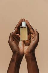 African American hands elegantly holding a glass perfume bottle with a minimalist design against a soft beige background, showcasing beauty and elegance in personal care