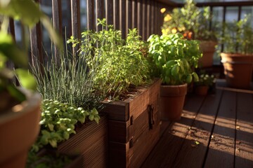Sustainable urban garden balcony, planters, herbs, morning sun, lifestyle realism 