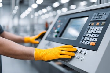 Skilled technician wearing bright yellow gloves operates advanced machinery control panel in a modern industrial setting, showcasing precision and expertise in manufacturing processes