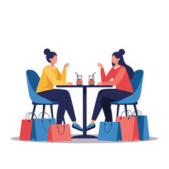 Two women chatting over drinks with shopping bags