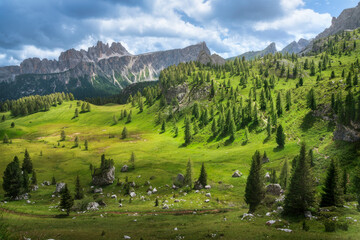 View from hiking trail to Cinque Torri, Dolomites mountains, Italy