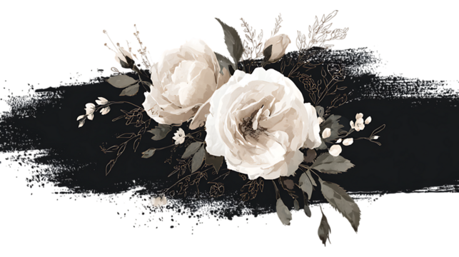Elegant cream colored roses and dark foliage arrangement isolated on transparent background