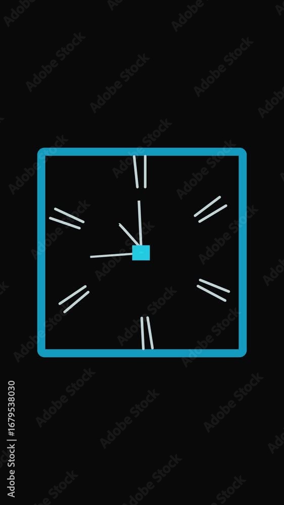 Poster glowing square clock animation in futuristic neon style vertical video. modern digital clock illustr
