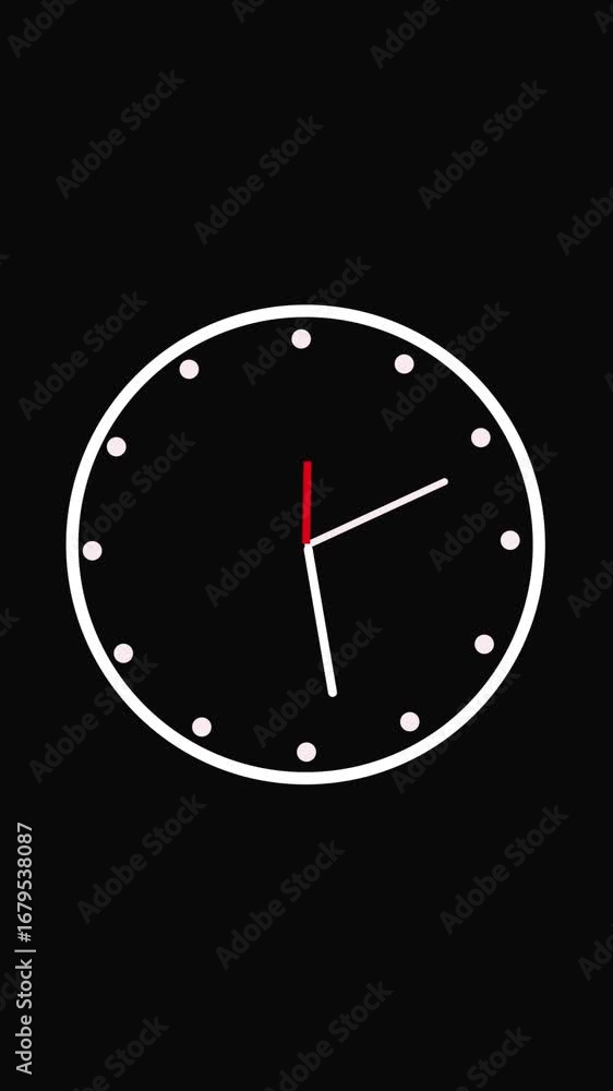 Poster simple circular clock face with animated hands vertical video. neon clock animation inside a bright 